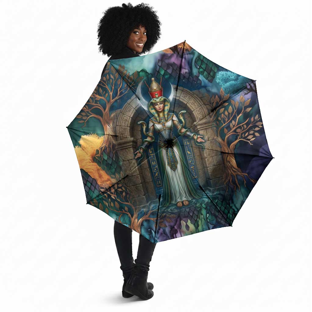 Amunet Ancient Temple Egyptian Umbrella with Golden Serpent Mythology in Teal Tones