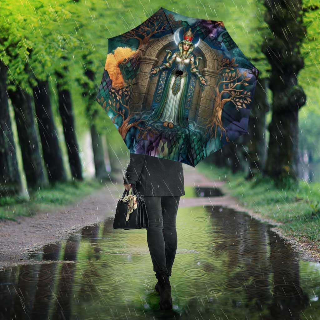 Amunet Ancient Temple Egyptian Umbrella with Golden Serpent Mythology in Teal Tones