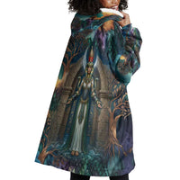 Amunet Ancient Temple Egyptian Wearable Blanket Hoodie with Golden Serpent Mythology in Teal Tones