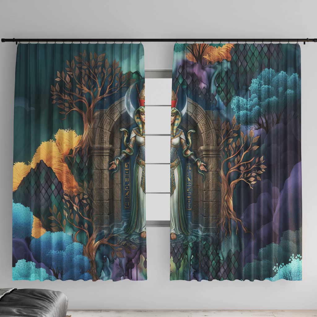 Amunet Ancient Temple Egyptian Window Curtain with Golden Serpent Mythology in Teal Tones