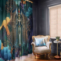 Amunet Ancient Temple Egyptian Window Curtain with Golden Serpent Mythology in Teal Tones