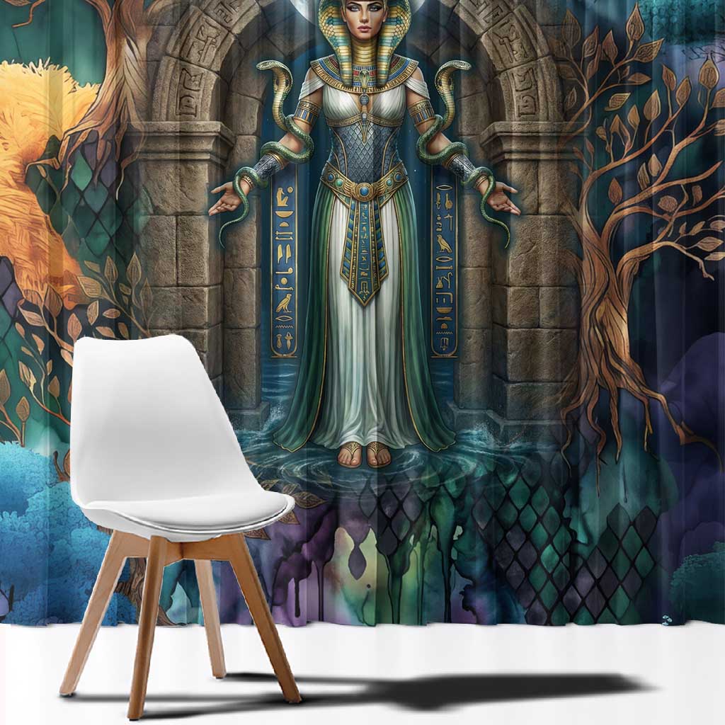 Amunet Ancient Temple Egyptian Window Curtain with Golden Serpent Mythology in Teal Tones