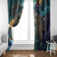 Amunet Ancient Temple Egyptian Window Curtain with Golden Serpent Mythology in Teal Tones