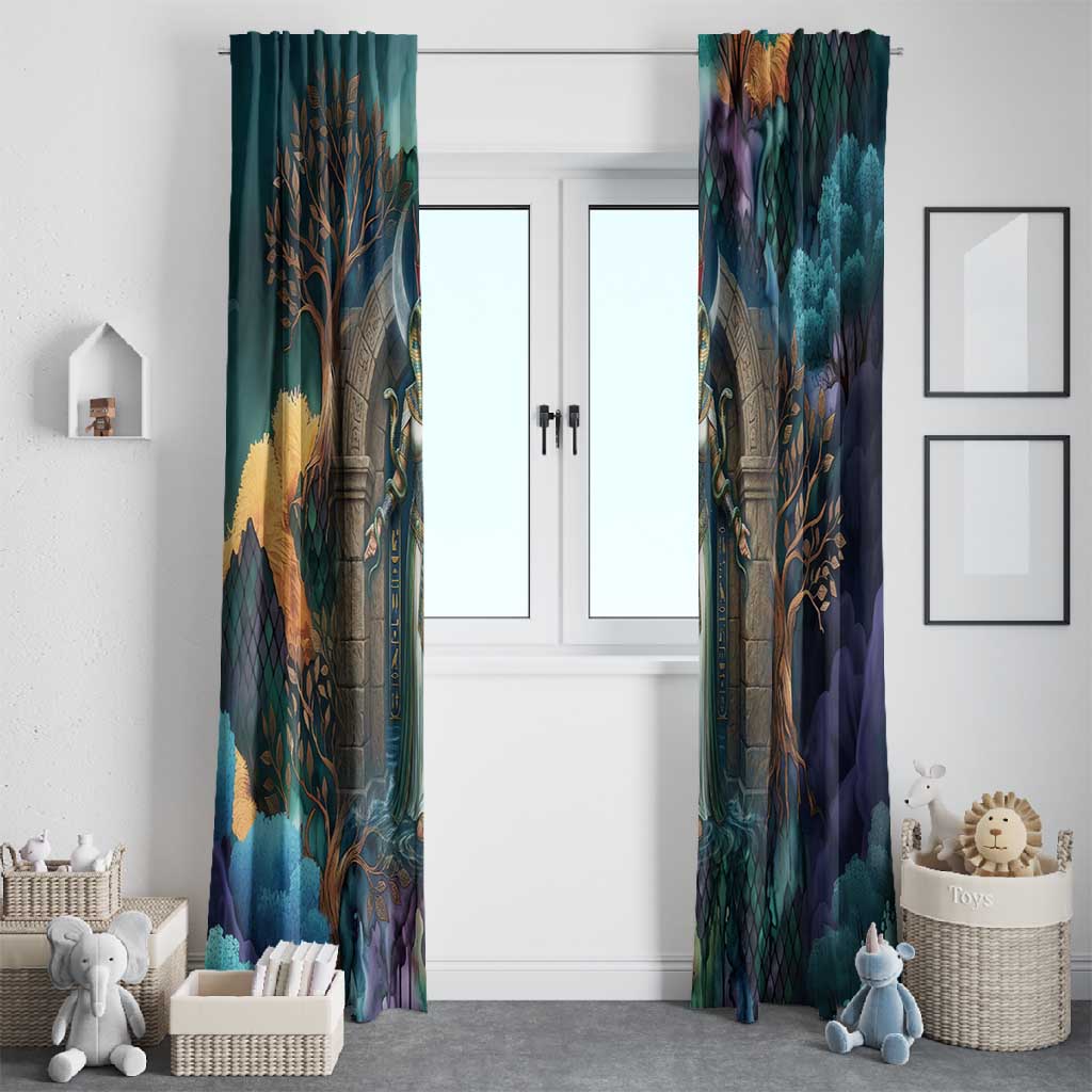 Amunet Ancient Temple Egyptian Window Curtain with Golden Serpent Mythology in Teal Tones