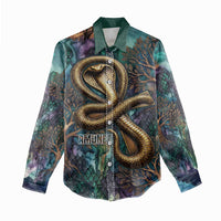 Amunet Ancient Temple Egyptian Women Casual Shirt with Golden Serpent Mythology in Teal Tones