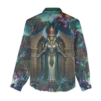 Amunet Ancient Temple Egyptian Women Casual Shirt with Golden Serpent Mythology in Teal Tones