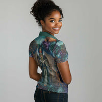 Amunet Ancient Temple Egyptian Women Polo Shirt with Golden Serpent Mythology in Teal Tones