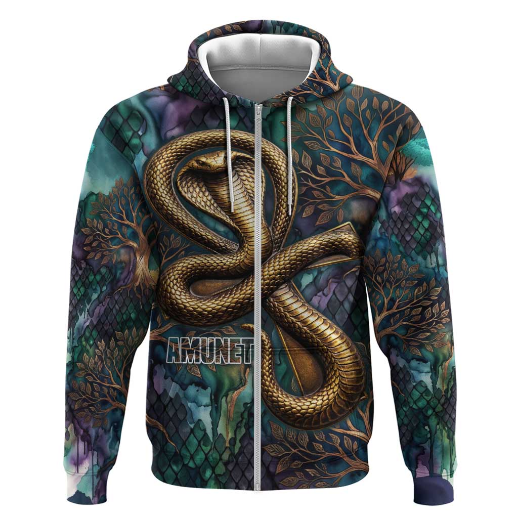 Amunet Ancient Temple Egyptian Zip Hoodie with Golden Serpent Mythology in Teal Tones