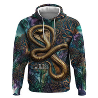 Amunet Ancient Temple Egyptian Zip Hoodie with Golden Serpent Mythology in Teal Tones