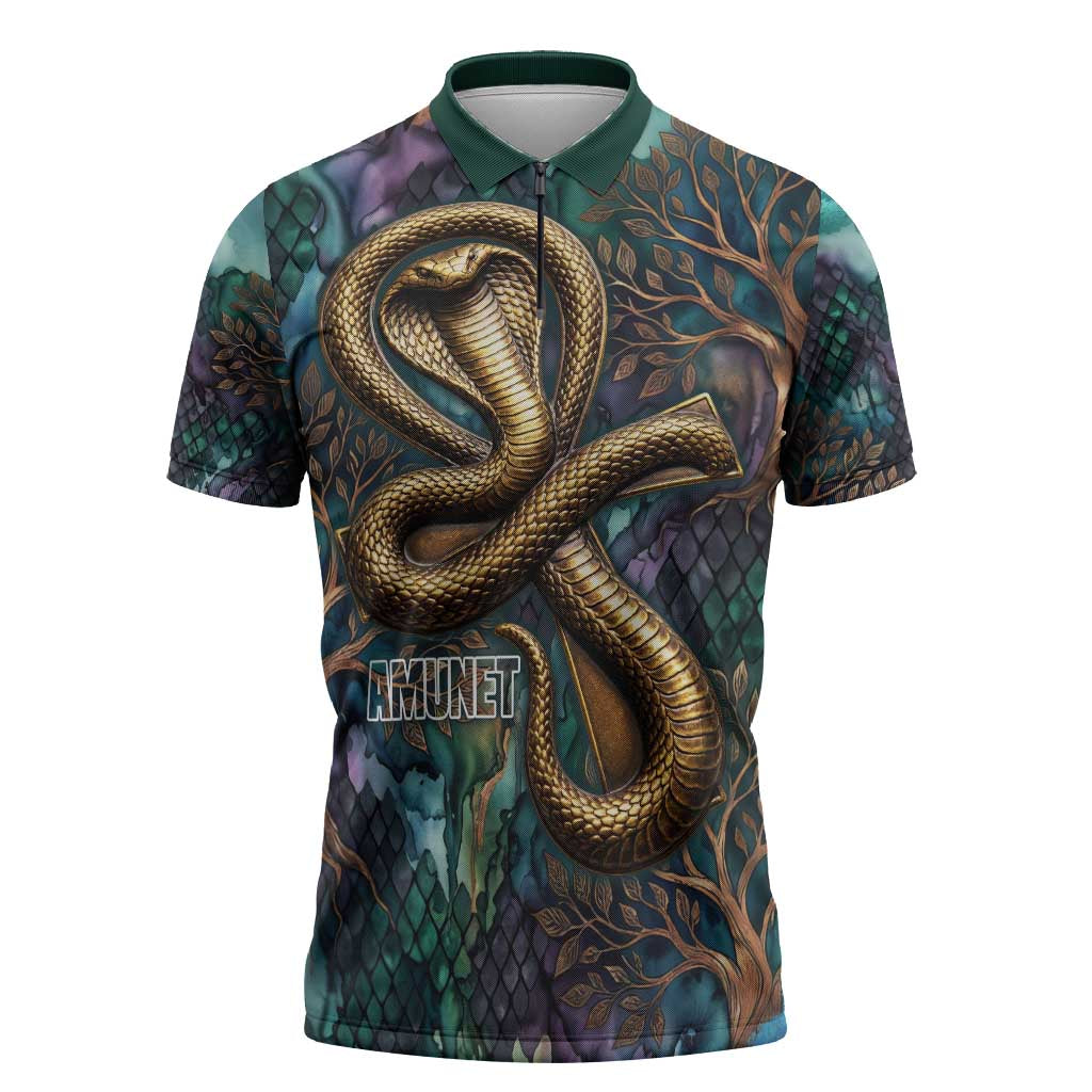 Amunet Ancient Temple Egyptian Zipper Polo Shirt with Golden Serpent Mythology in Teal Tones