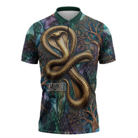 Amunet Ancient Temple Egyptian Zipper Polo Shirt with Golden Serpent Mythology in Teal Tones