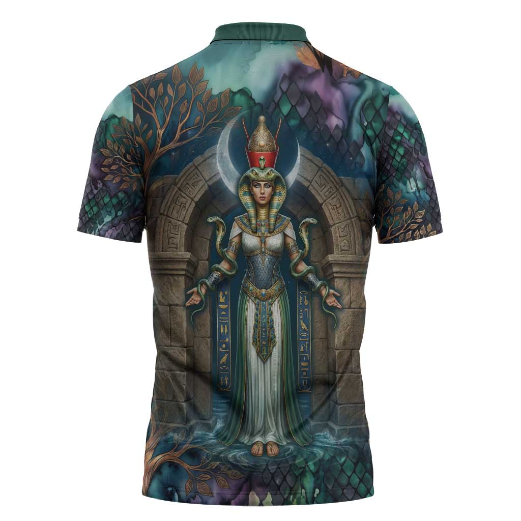 Amunet Ancient Temple Egyptian Zipper Polo Shirt with Golden Serpent Mythology in Teal Tones