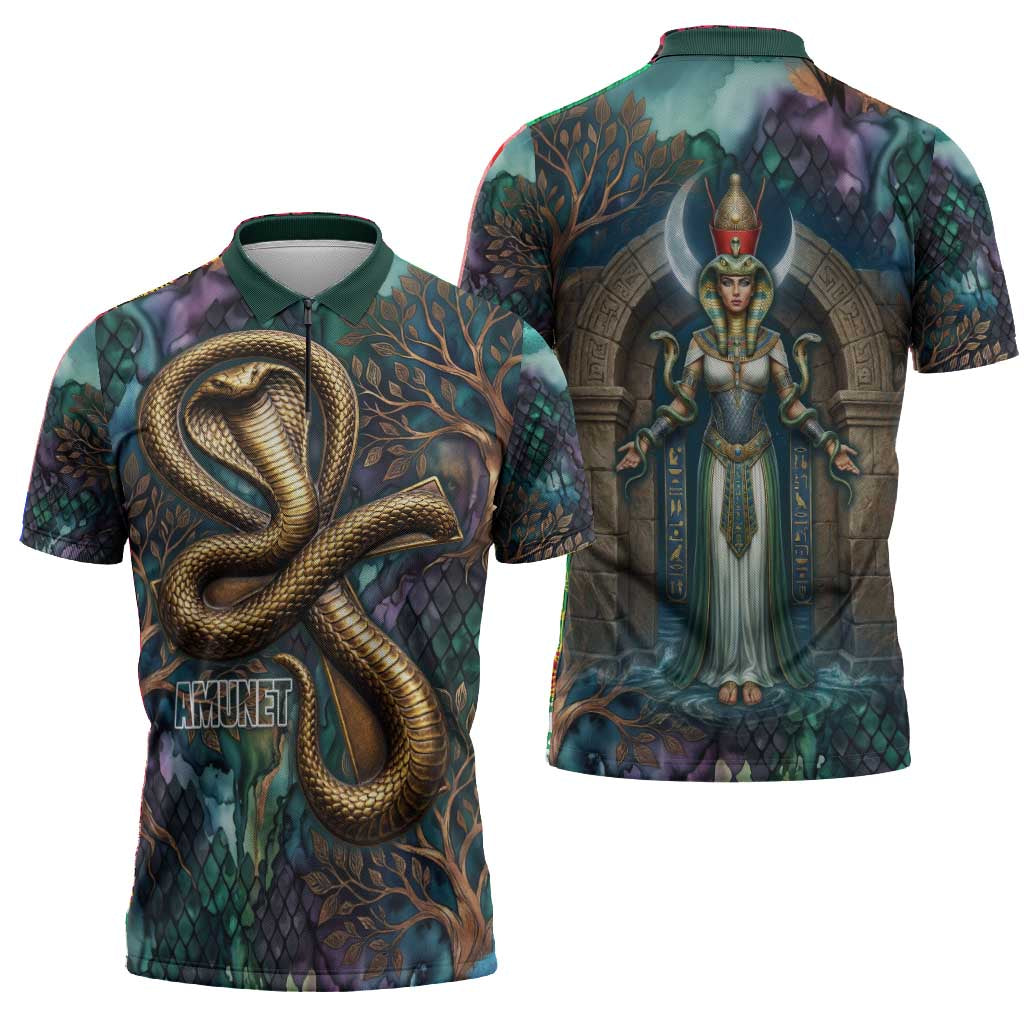 Amunet Ancient Temple Egyptian Zipper Polo Shirt with Golden Serpent Mythology in Teal Tones