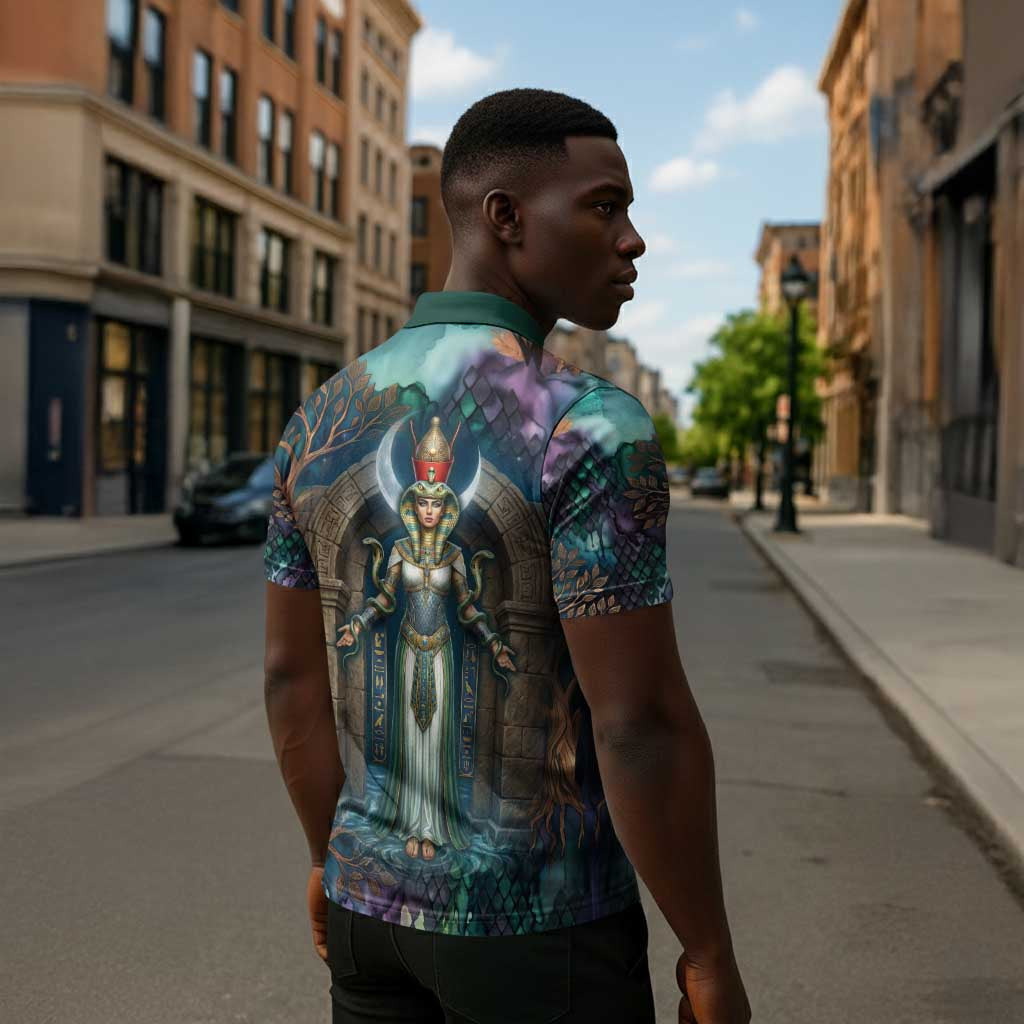 Amunet Ancient Temple Egyptian Zipper Polo Shirt with Golden Serpent Mythology in Teal Tones