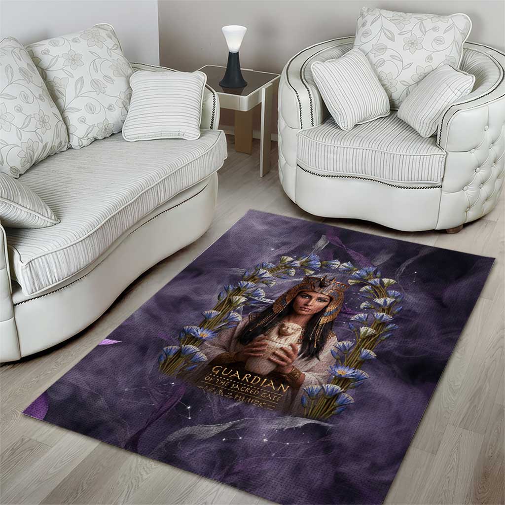 Anput Sacred Urn Area Rug with Papyrus Flowers Egyptian Guardian in Violet Mist