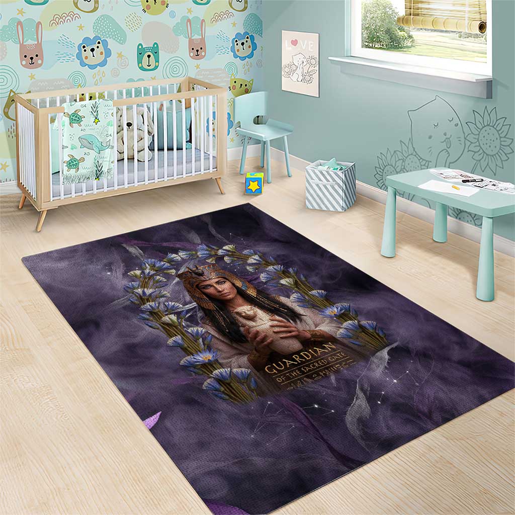 Anput Sacred Urn Area Rug with Papyrus Flowers Egyptian Guardian in Violet Mist