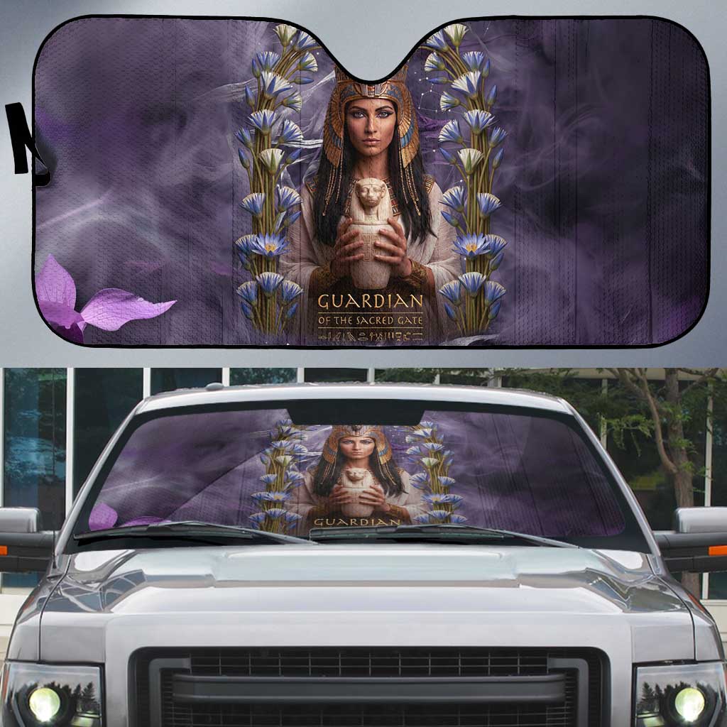 Anput Sacred Urn Auto Sun Shade with Papyrus Flowers Egyptian Guardian in Violet Mist