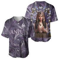 Anput Sacred Urn Baseball Jersey with Papyrus Flowers Egyptian Guardian in Violet Mist