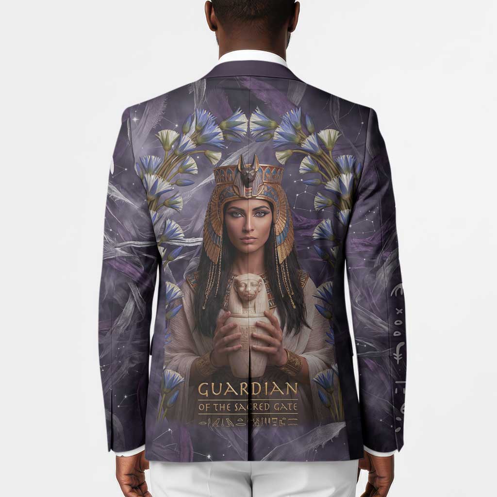 Anput Sacred Urn Blazer with Papyrus Flowers Egyptian Guardian in Violet Mist