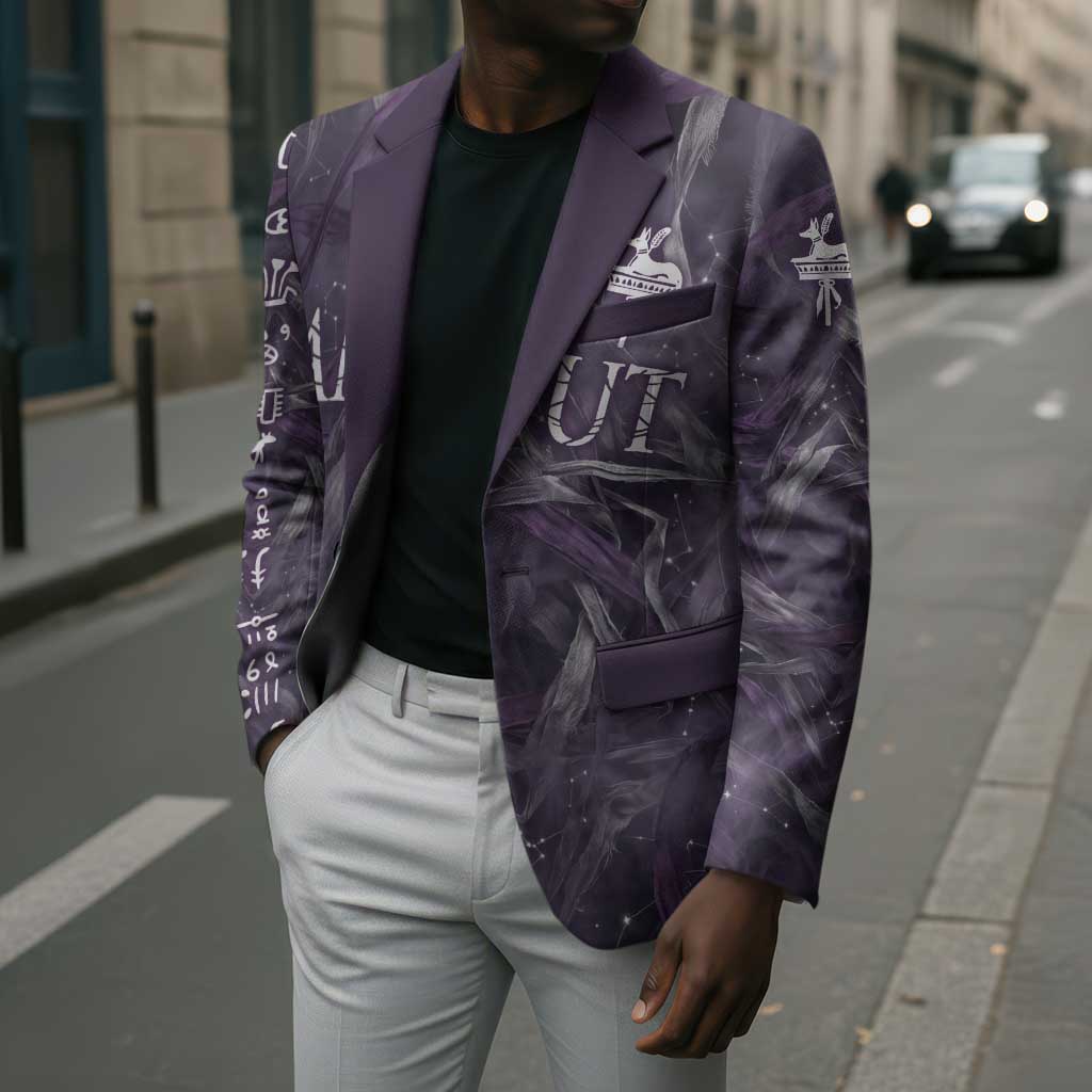 Anput Sacred Urn Blazer with Papyrus Flowers Egyptian Guardian in Violet Mist
