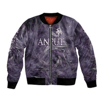 Anput Sacred Urn Bomber Jacket with Papyrus Flowers Egyptian Guardian in Violet Mist