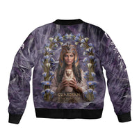 Anput Sacred Urn Bomber Jacket with Papyrus Flowers Egyptian Guardian in Violet Mist