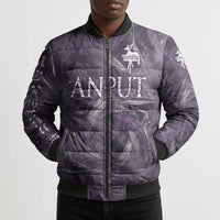 Anput Sacred Urn Bomber Puffer Jacket with Papyrus Flowers Egyptian Guardian in Violet Mist