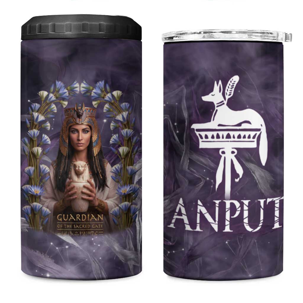 Anput Sacred Urn 4 in 1 Can Cooler Tumbler with Papyrus Flowers Egyptian Guardian in Violet Mist