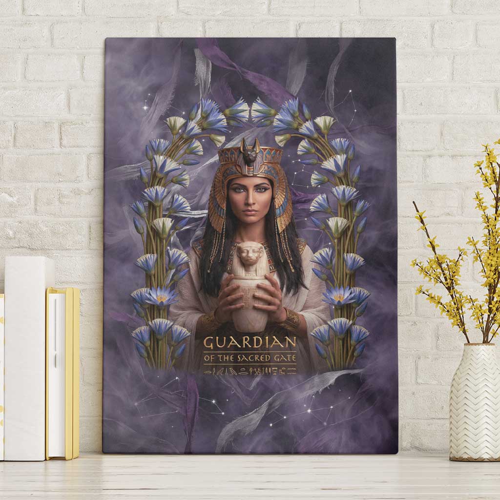 Anput Sacred Urn Canvas Wall Art with Papyrus Flowers Egyptian Guardian in Violet Mist