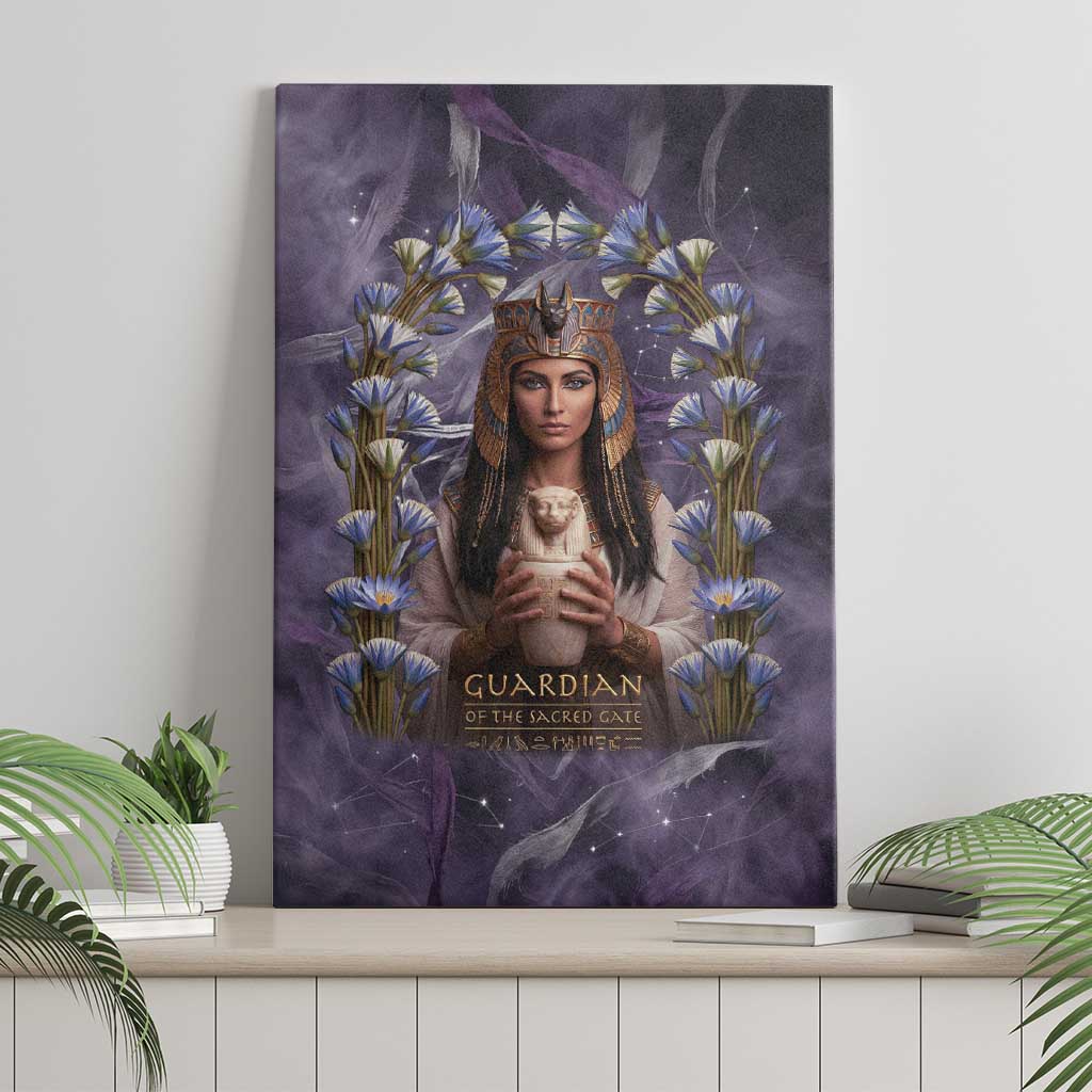 Anput Sacred Urn Canvas Wall Art with Papyrus Flowers Egyptian Guardian in Violet Mist
