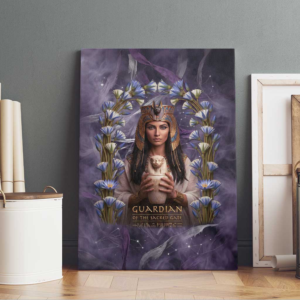 Anput Sacred Urn Canvas Wall Art with Papyrus Flowers Egyptian Guardian in Violet Mist