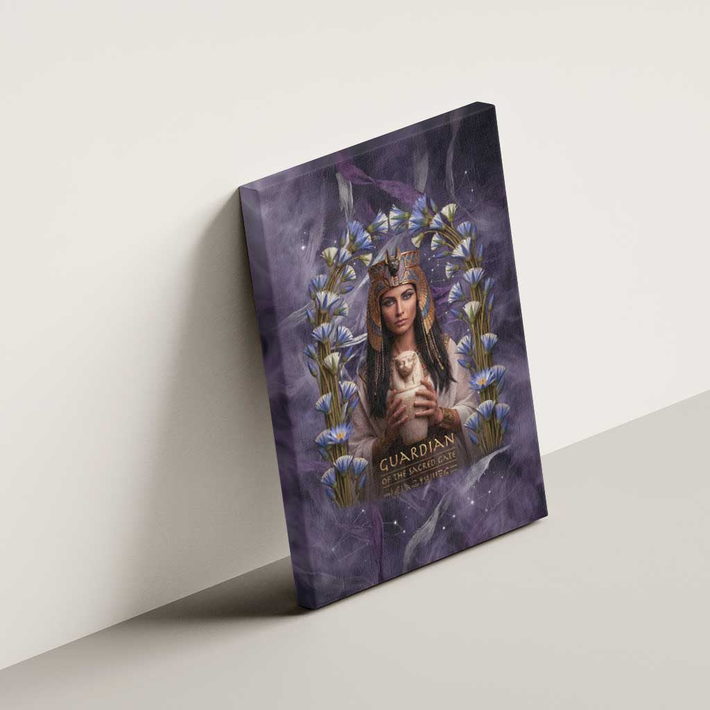 Anput Sacred Urn Canvas Wall Art with Papyrus Flowers Egyptian Guardian in Violet Mist