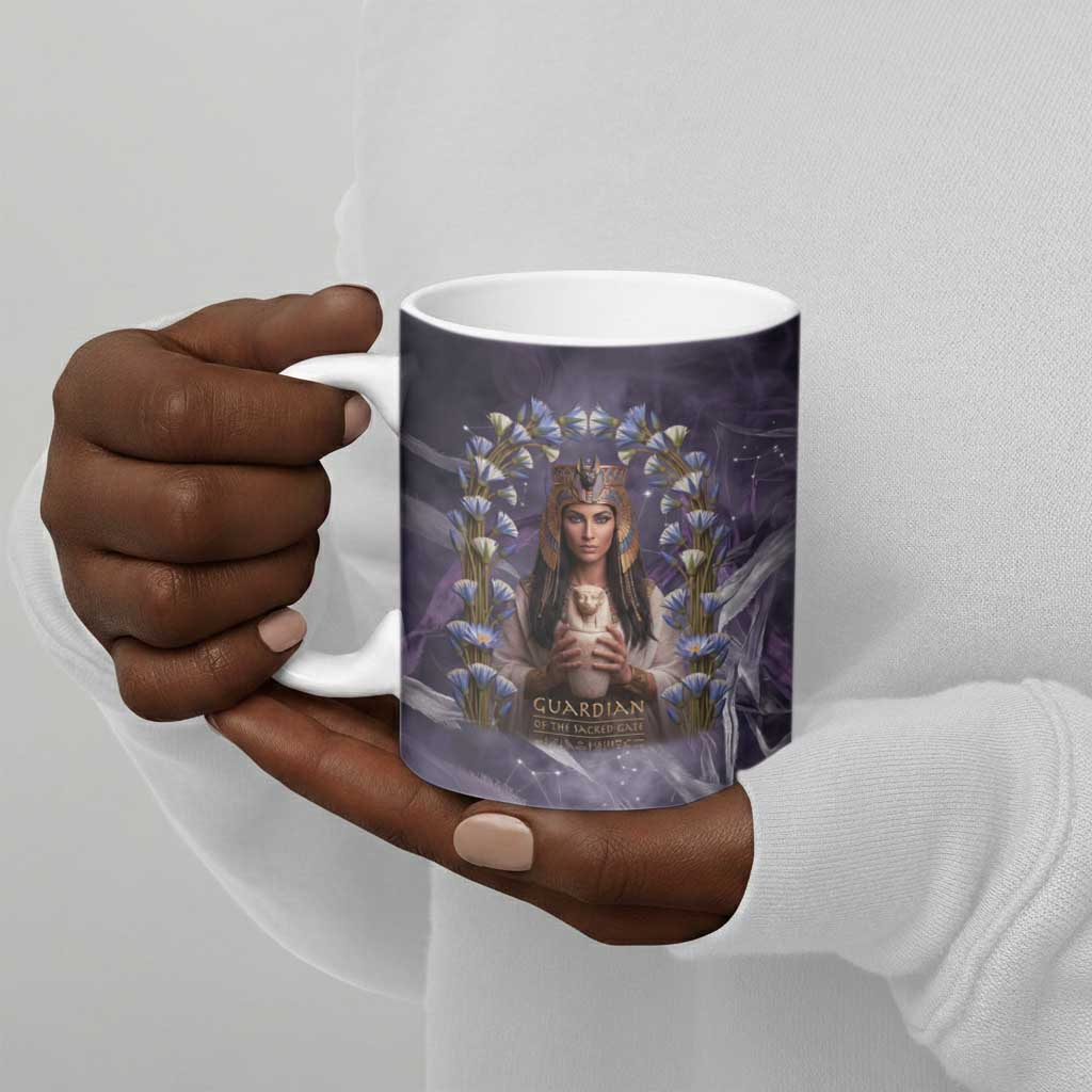 Anput Sacred Urn Ceramic Mug with Papyrus Flowers Egyptian Guardian in Violet Mist