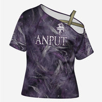 Anput Sacred Urn Cross Shoulder Shirt with Papyrus Flowers Egyptian Guardian in Violet Mist