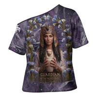 Anput Sacred Urn Cross Shoulder Shirt with Papyrus Flowers Egyptian Guardian in Violet Mist