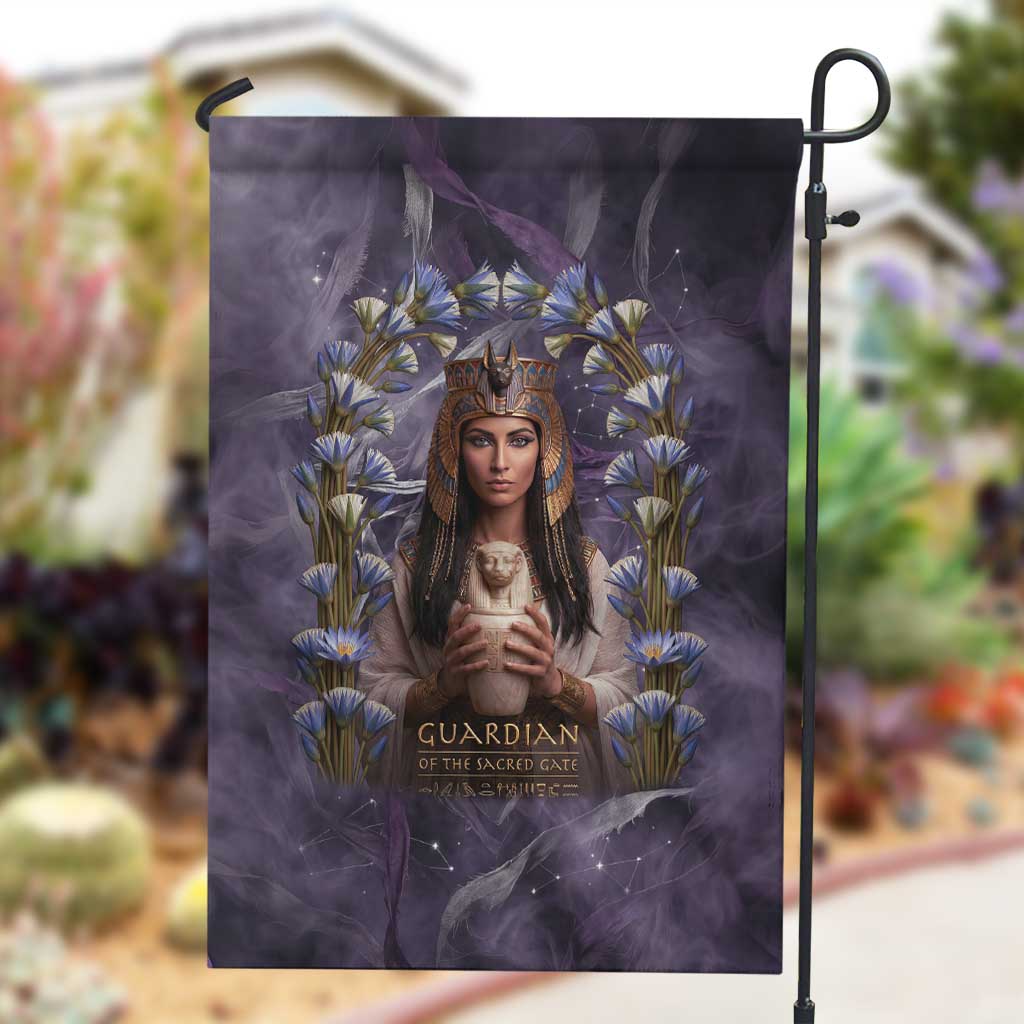 Anput Sacred Urn Garden Flag with Papyrus Flowers Egyptian Guardian in Violet Mist
