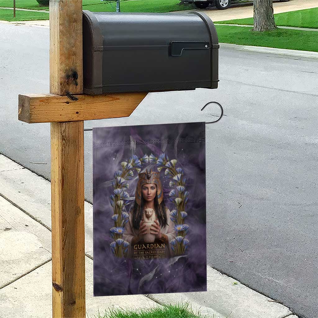 Anput Sacred Urn Garden Flag with Papyrus Flowers Egyptian Guardian in Violet Mist