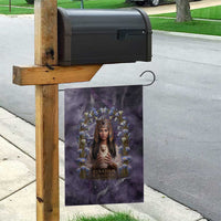 Anput Sacred Urn Garden Flag with Papyrus Flowers Egyptian Guardian in Violet Mist