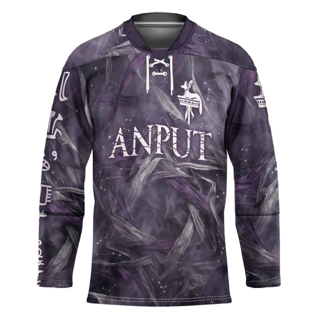 Anput Sacred Urn Hockey Jersey with Papyrus Flowers Egyptian Guardian in Violet Mist