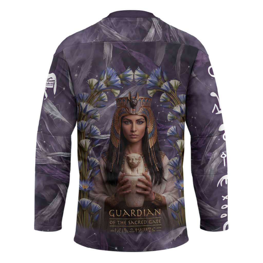 Anput Sacred Urn Hockey Jersey with Papyrus Flowers Egyptian Guardian in Violet Mist