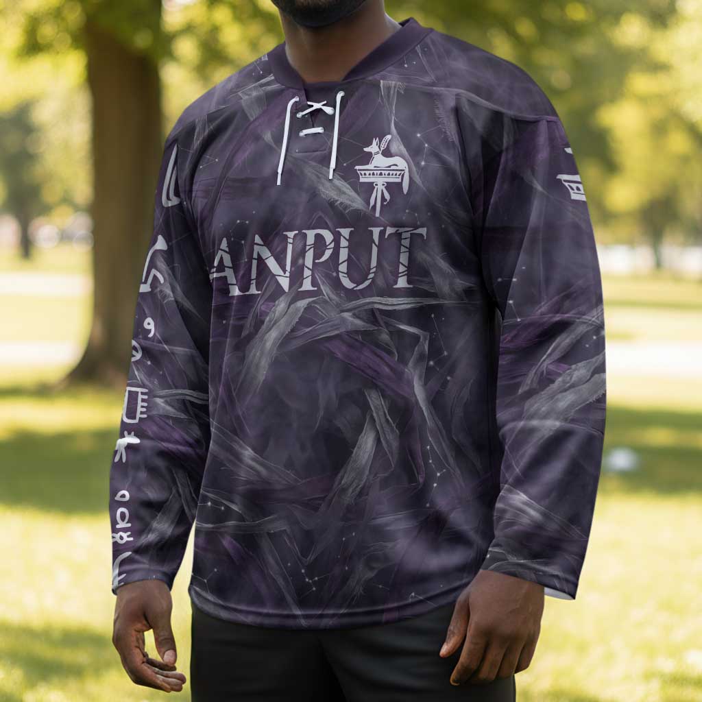 Anput Sacred Urn Hockey Jersey with Papyrus Flowers Egyptian Guardian in Violet Mist
