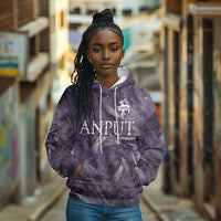 Anput Sacred Urn Hoodie with Papyrus Flowers Egyptian Guardian in Violet Mist