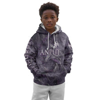 Anput Sacred Urn Kid Hoodie with Papyrus Flowers Egyptian Guardian in Violet Mist