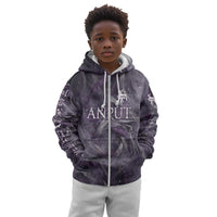 Anput Sacred Urn Kid Hoodie with Papyrus Flowers Egyptian Guardian in Violet Mist