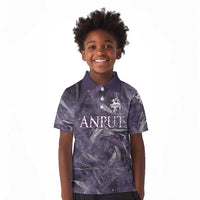 Anput Sacred Urn Kid Polo Shirt with Papyrus Flowers Egyptian Guardian in Violet Mist