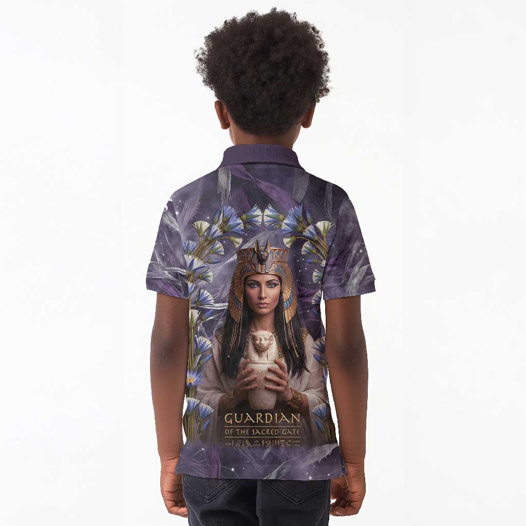 Anput Sacred Urn Kid Polo Shirt with Papyrus Flowers Egyptian Guardian in Violet Mist