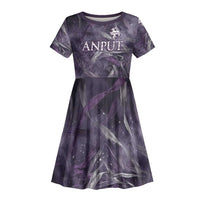 Anput Sacred Urn Kid Short Sleeve Dress with Papyrus Flowers Egyptian Guardian in Violet Mist