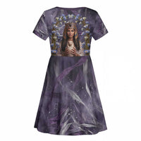 Anput Sacred Urn Kid Short Sleeve Dress with Papyrus Flowers Egyptian Guardian in Violet Mist