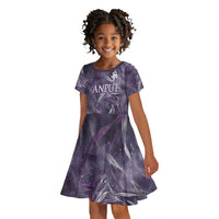 Anput Sacred Urn Kid Short Sleeve Dress with Papyrus Flowers Egyptian Guardian in Violet Mist