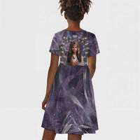 Anput Sacred Urn Kid Short Sleeve Dress with Papyrus Flowers Egyptian Guardian in Violet Mist